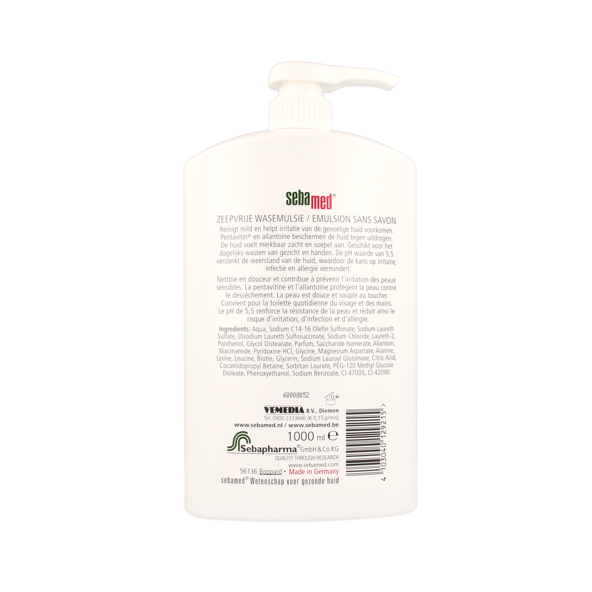Sebamed Zeepvrij wasemulsie pomp 1 liter, mild bath and shower foam in pump bottle, suitable for sensitive skin.