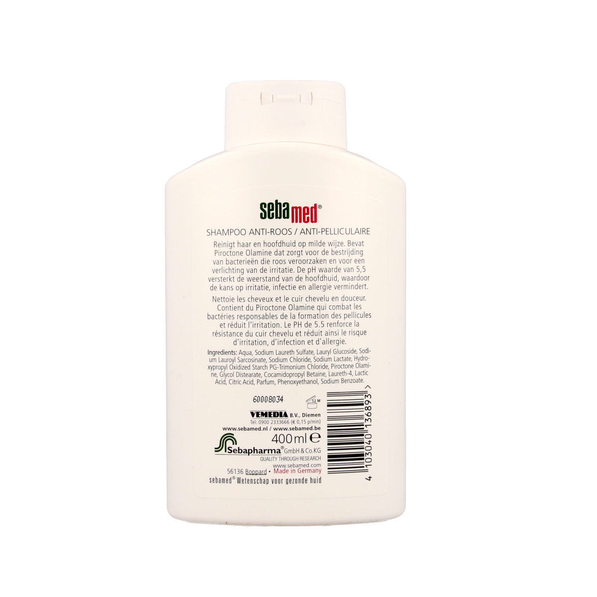 Sebamed Anti-roos shampoo in 400ml bottle, showing the white and blue packaging for dandruff hair care.