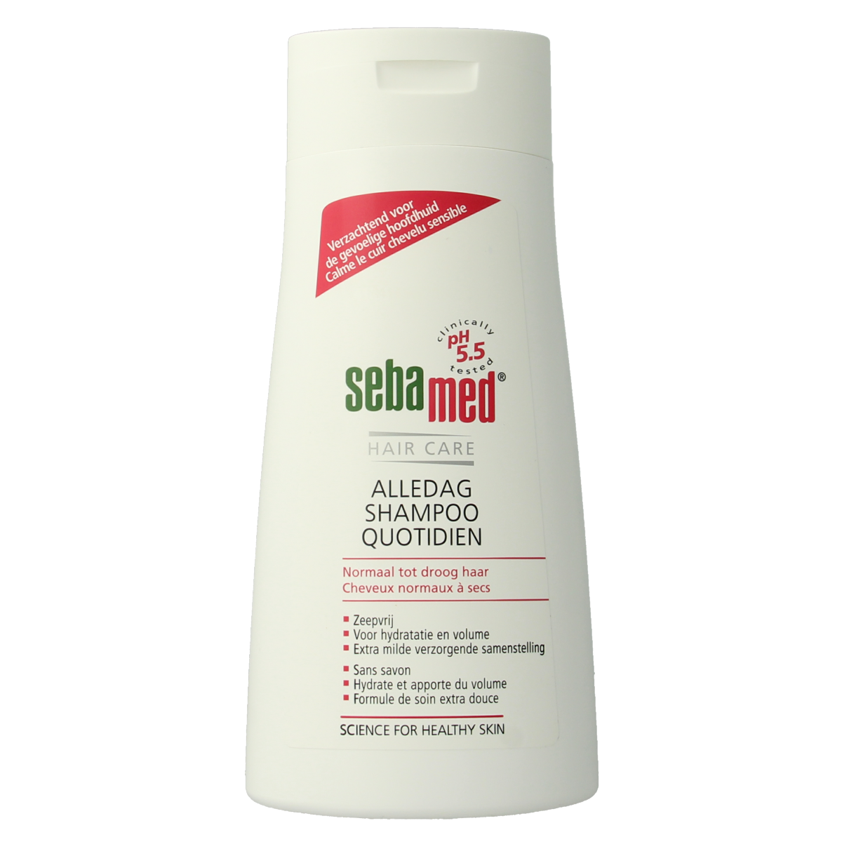 Sebamed daily shampoo in a 400ml bottle, featuring clear packaging and a white cap, designed for gentle hair and scalp care.