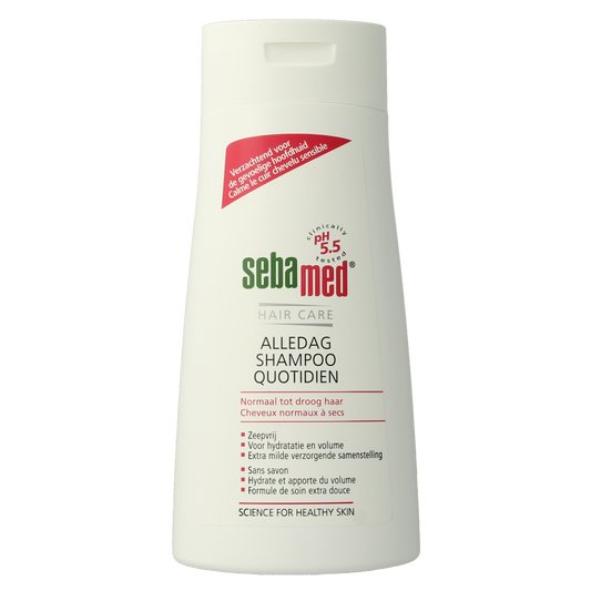Sebamed daily shampoo in a 400ml bottle, featuring clear packaging and a white cap, designed for gentle hair and scalp care.