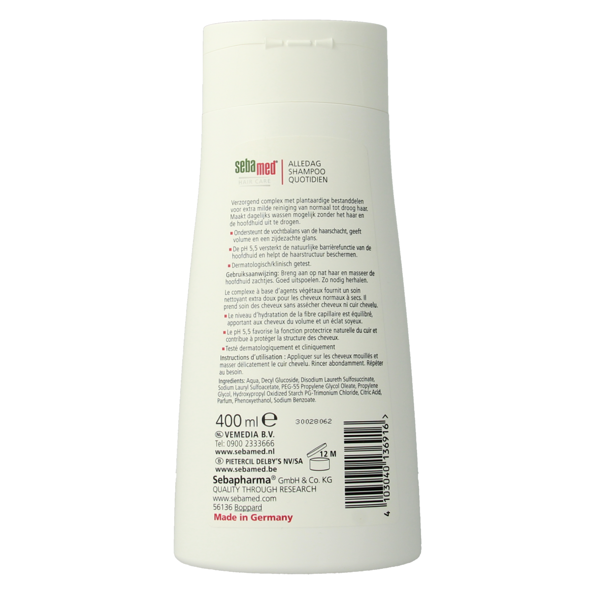 Sebamed daily shampoo in 400ml bottle, gentle haircare product with a clear, pump-style dispenser and clean label design.