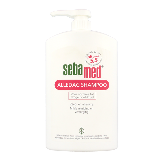 Sebamed daily shampoo in a 1-liter pump bottle, gentle hair care product for healthy scalp and clean hair.