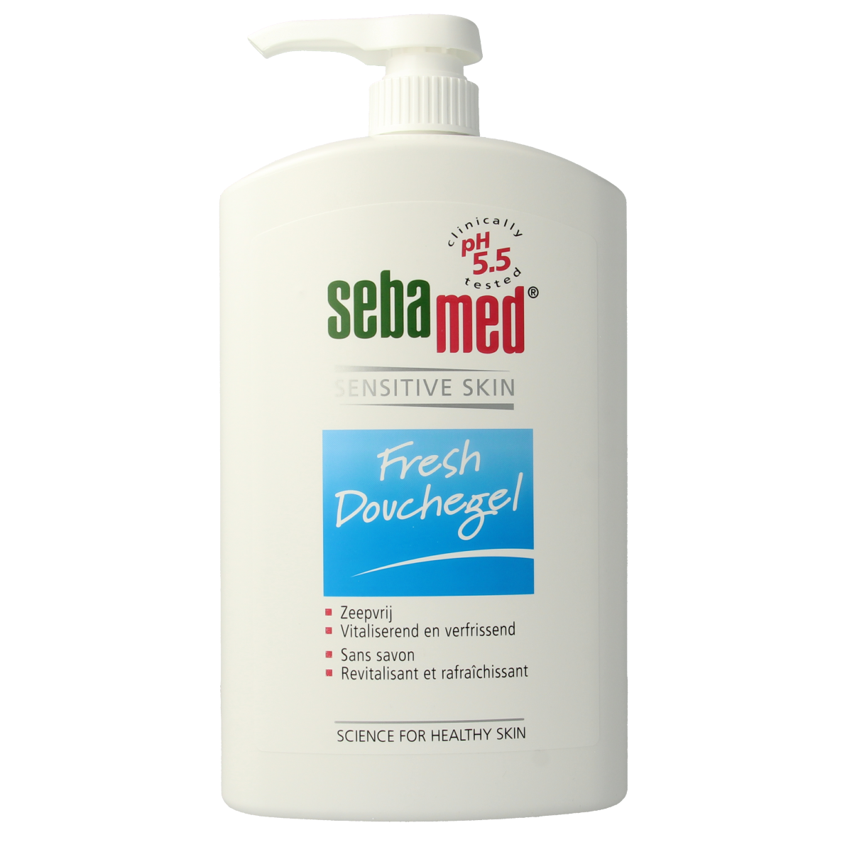 Sebamed Douchegel pomp 1 liter, gentle body and shower gel in a large pump bottle, suitable for daily skin cleansing.