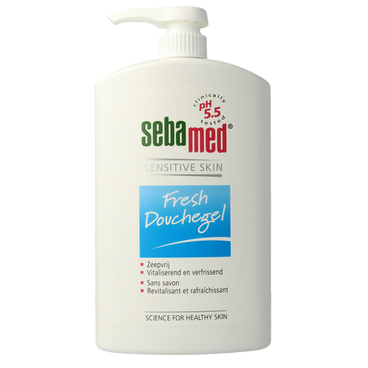 Sebamed Douchegel pomp 1 liter, gentle body and shower gel in a large pump bottle, suitable for daily skin cleansing.