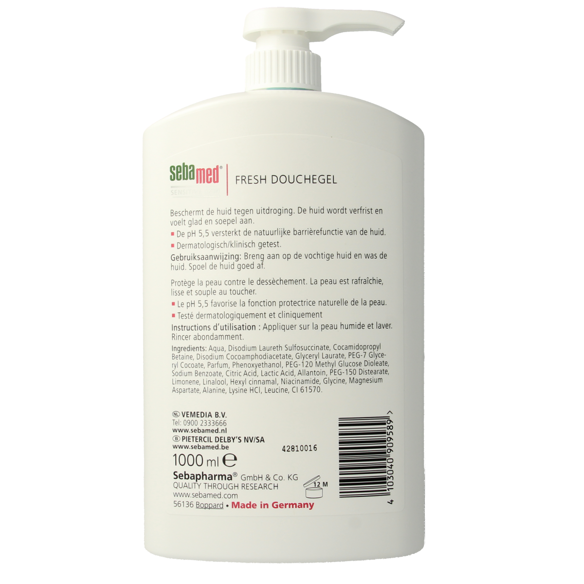 Sebamed Douchegel pomp 1 liter bottle, gentle bad and shower gel with hygienic pump for sensitive skin.