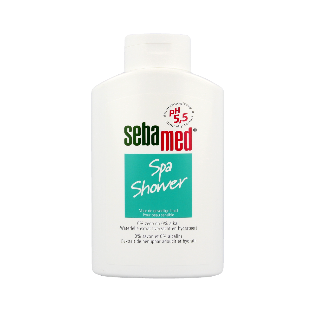 Sebamed Spa Shower 400ml bottle, soothing body wash with gentle cleansing formula, featuring a sleek white and blue design.