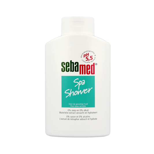 Sebamed Spa Shower 400ml bottle, soothing body wash with gentle cleansing formula, featuring a sleek white and blue design.
