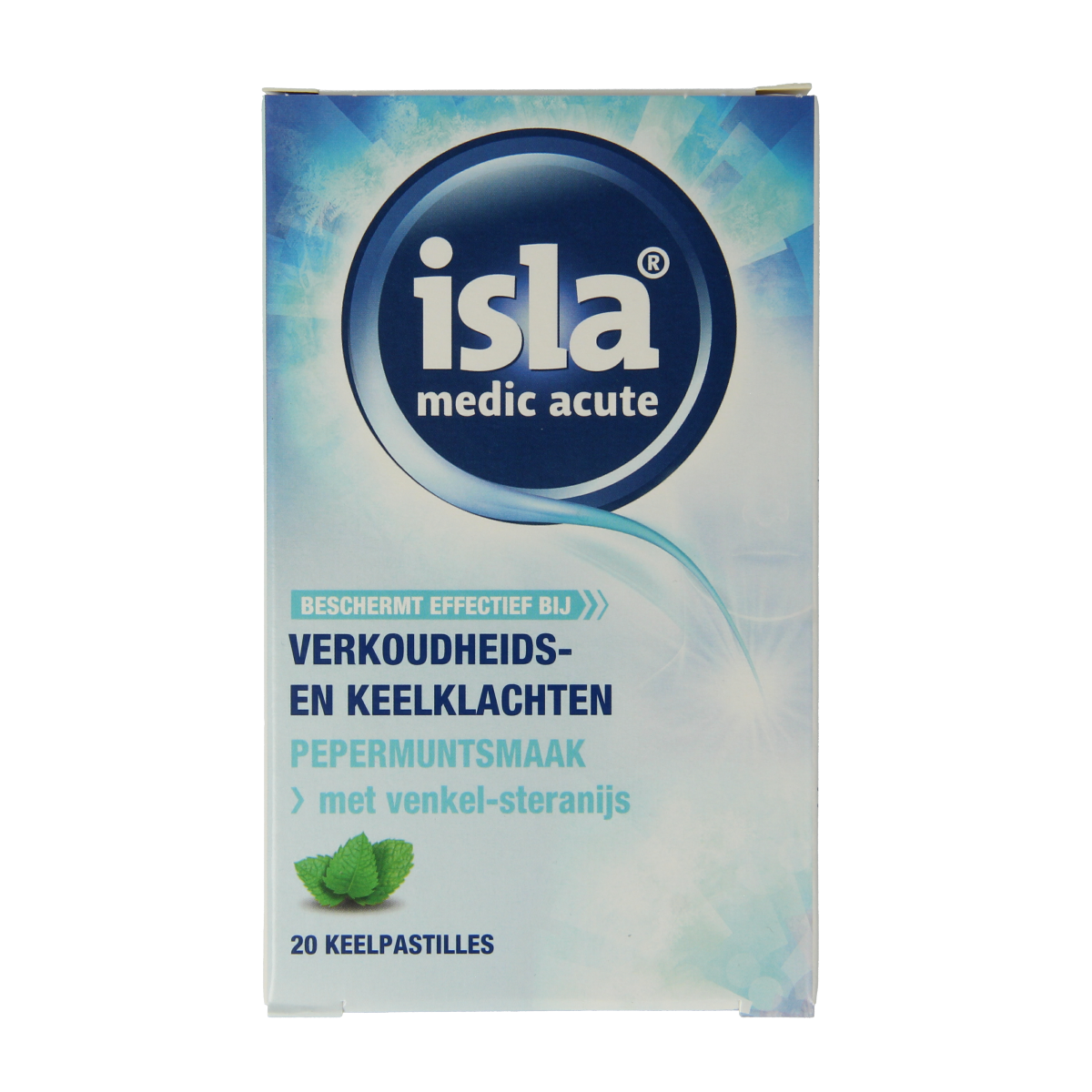 Isla Medic acute keelpastilles for sore throat relief, shown in a clear image with 20 pastilles in a box.