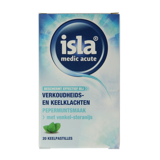 Isla Medic acute keelpastilles for sore throat relief, shown in a clear image with 20 pastilles in a box.