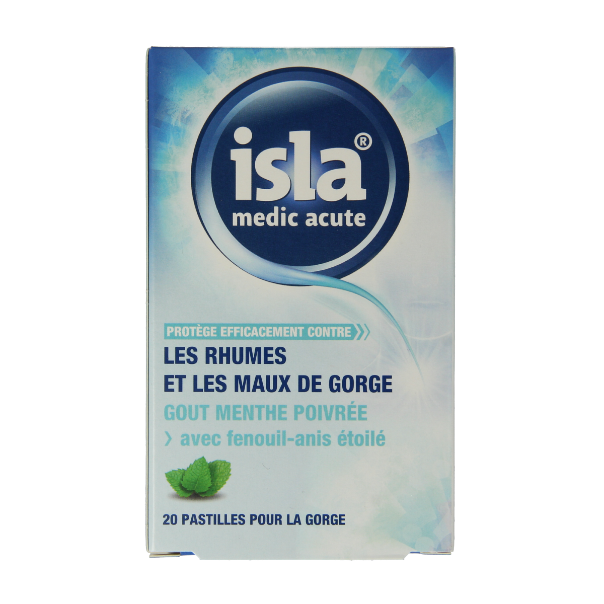 Isla Medic acute keelpastilles in a package, soothing sore throat and cold symptoms, ideal for flu and cold relief.