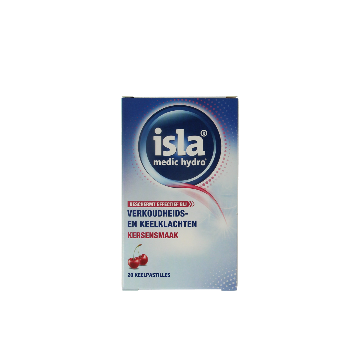 Isla Medic hydro+ kersen throat lozenges in a clear package, designed for soothing cough relief.
