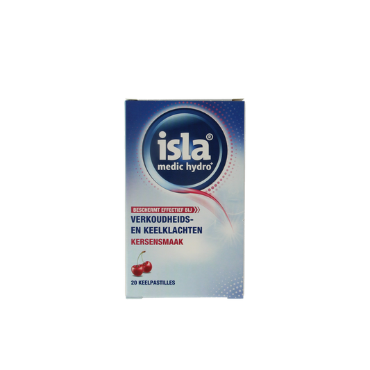 Isla Medic hydro+ kersen throat lozenges in a clear package, designed for soothing cough relief.