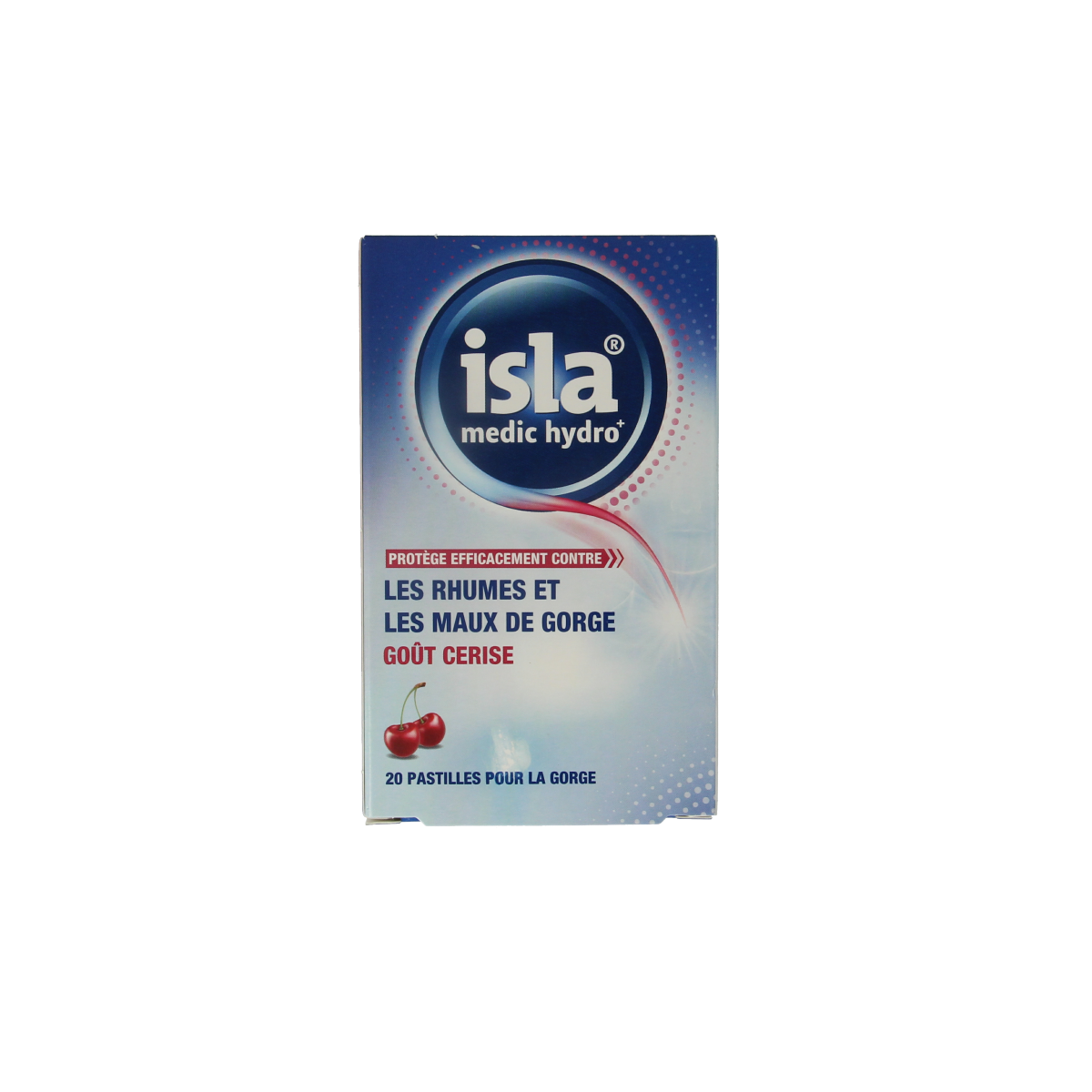 Isla Medic hydro+ kersen hoesten pastilles in a clear container, showing red cherry-flavored cough drops.