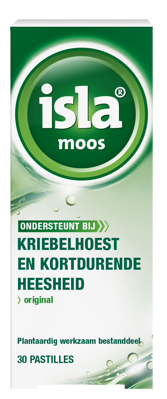 Isla Moos keelpastille 30 pastilles for sore throat relief, showing the packaging and pastilles inside the box.