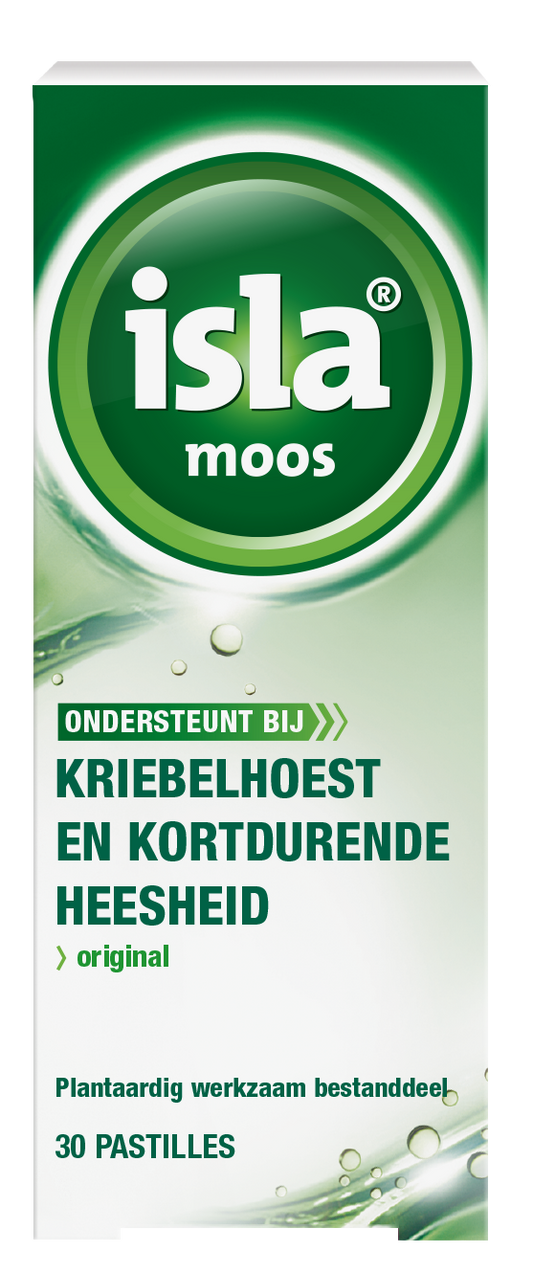 Isla Moos keelpastille 30 pastilles for sore throat relief, showing the packaging and pastilles inside the box.