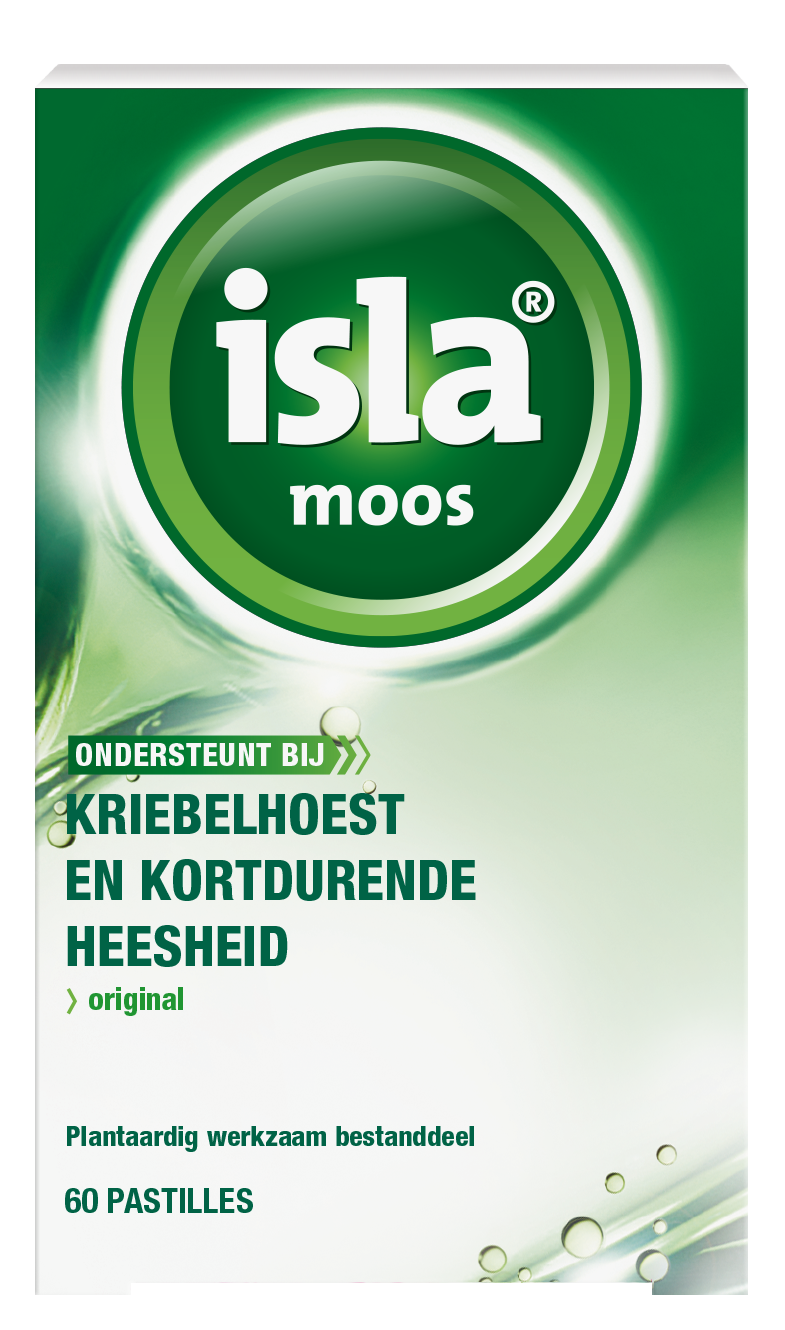 Isla Moos keelpastille hoesten pastilles in een doos, zachte zuigtabletten voor keelpijn verlichting.
