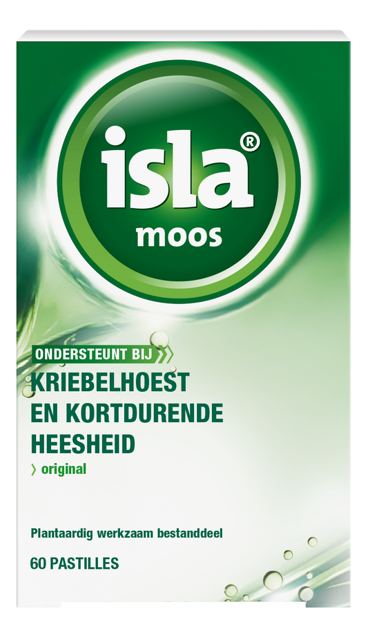Isla Moos keelpastille hoesten pastilles in een doos, zachte zuigtabletten voor keelpijn verlichting.