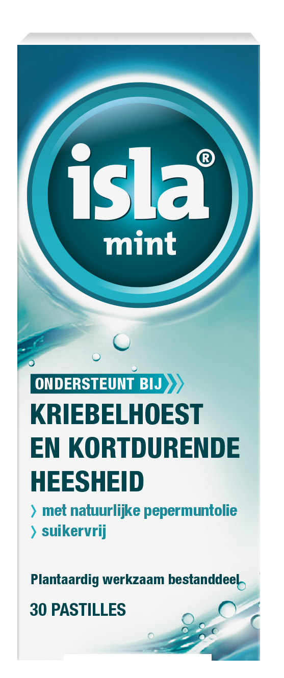 Isla Mint keelpastille pack with 30 throat lozenges, featuring mint flavor and soothing relief for sore throat symptoms.