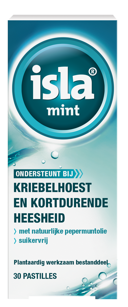 Isla Mint keelpastille pack with 30 throat lozenges, featuring mint flavor and soothing relief for sore throat symptoms.