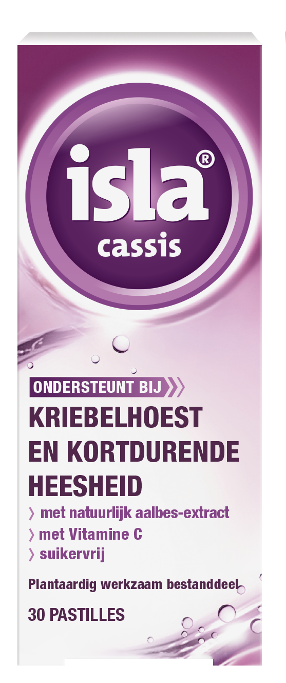 Isla Cassis keelpastille 30 pastilles for soothing cough relief, shown in a close-up image with packaging.