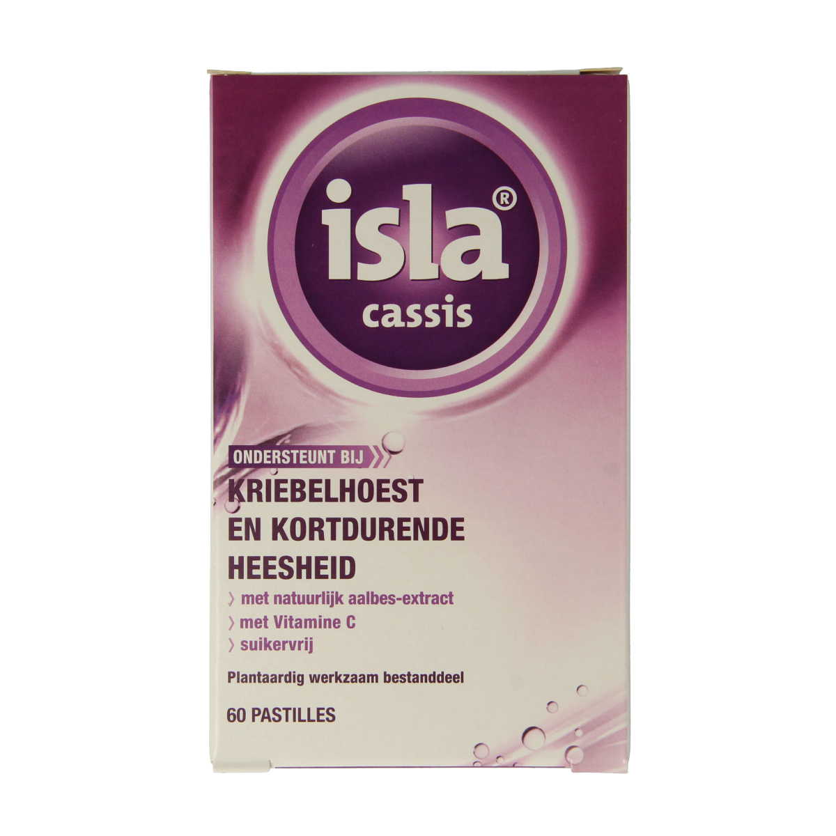 Isla Cassis keelpastille in a plastic container, featuring black and purple pastilles for soothing sore throat relief.