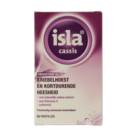 Isla Cassis keelpastille in a plastic container, featuring black and purple pastilles for soothing sore throat relief.