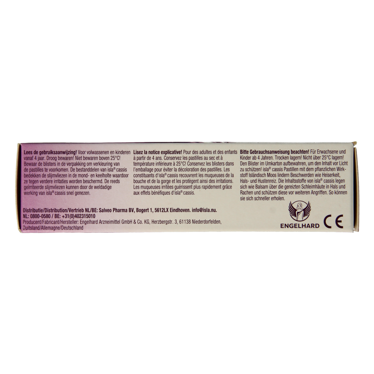 Isla Cassis keelpastille with 60 pastilles, soothing throat lozenges in blackcurrant flavor, designed for sore throat relief.