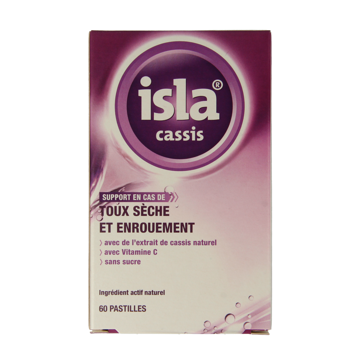 Isla Cassis keelpastilles in a jar, honey and blackcurrant flavored throat lozenges for soothing sore throat relief.