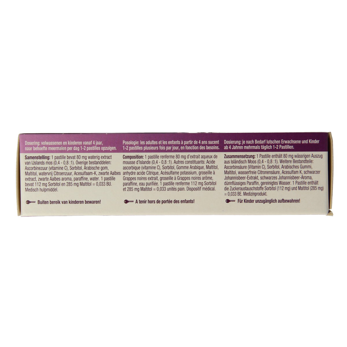 Isla Cassis keelpastille 60 pastilles, soothing throat lozenges in blackcurrant flavor, designed for sore throat relief.