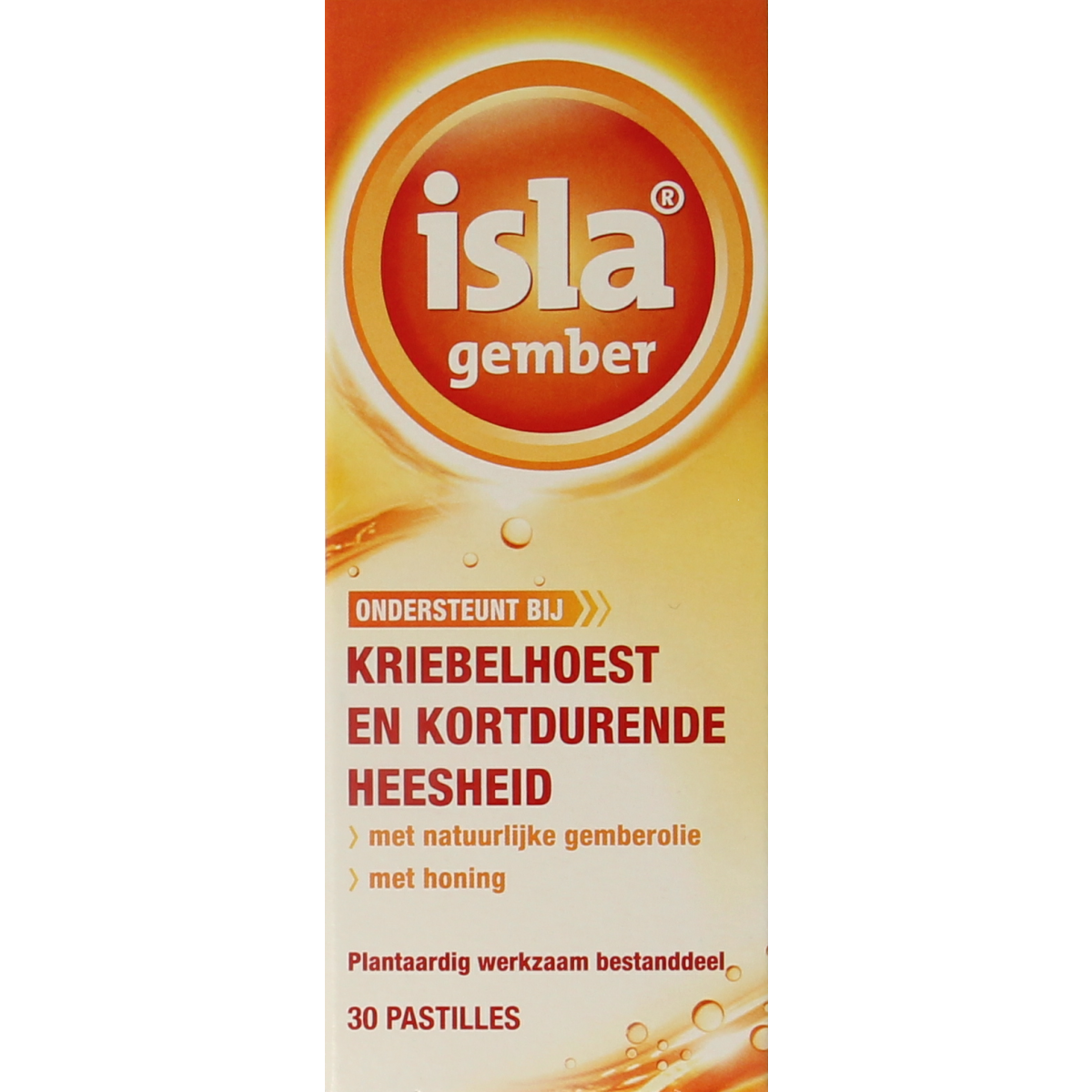 Isla Gember keelpastilles in a transparent container, showing ginger-flavored lozenges for sore throat relief.