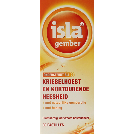 Isla Gember keelpastilles in a transparent container, showing ginger-flavored lozenges for sore throat relief.