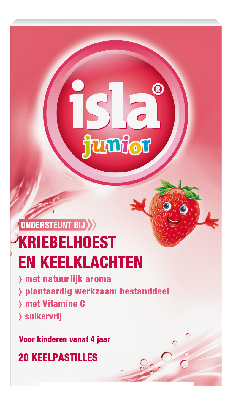 Isla Junior strawberry throat lozenges for cough relief, 20 pastilles, soft berry-flavored candies for children.