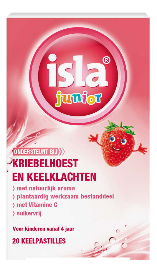 Isla Junior strawberry throat lozenges for cough relief, 20 pastilles, soft berry-flavored candies for children.