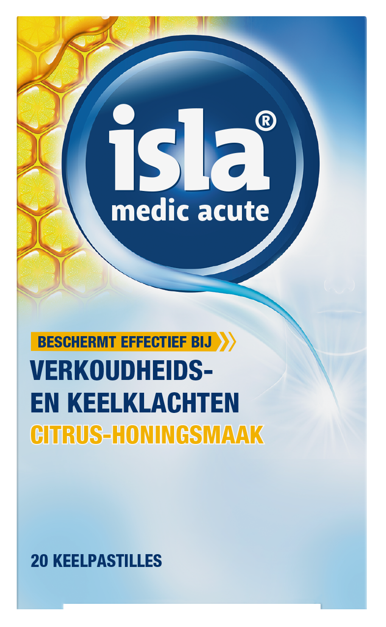 Isla Medic acute citrus honing keelpastilles in a clear container, showing bright yellow pastilles for sore throat relief.