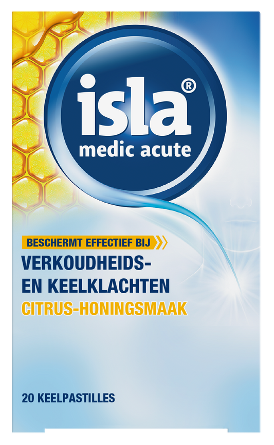 Isla Medic acute citrus honing keelpastilles in a clear container, showing bright yellow pastilles for sore throat relief.