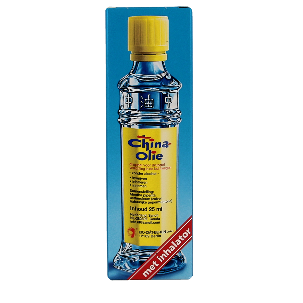 Chinaolie China olie herbal supplement bottle, 25ml, with herbal ingredients, in a clear container, emphasizing natural herbal preparation.