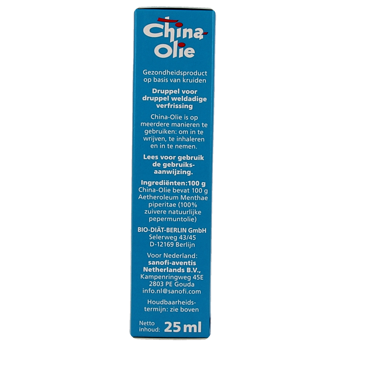 Chinaolie China kruidenpreparaat in 25ml bottle, featuring herbal ingredients in a clear container with label details.