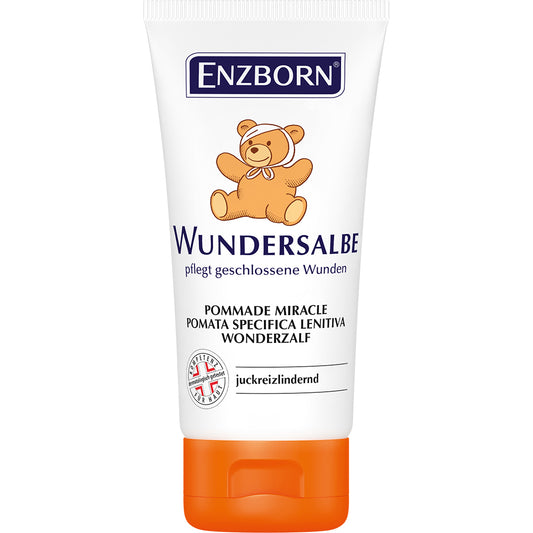 ENZBORN Wonderzalf body care cream in 50ml jar, nourishing skincare product with a white and blue packaging design.