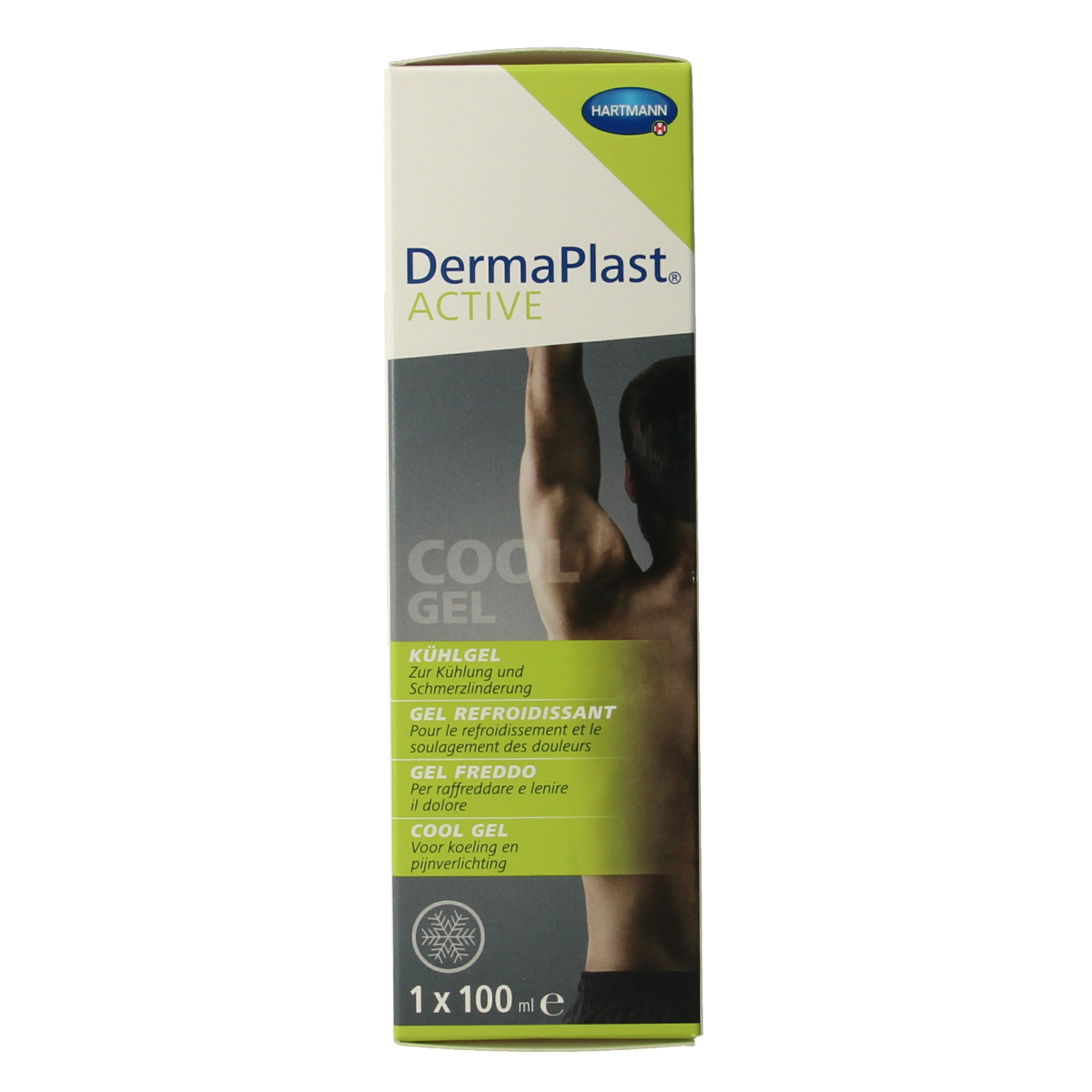 Dermaplast Active Cool Gel 100ml, lightweight body care gel for soothing and refreshing skin, shown in a clear tube with blue accents.