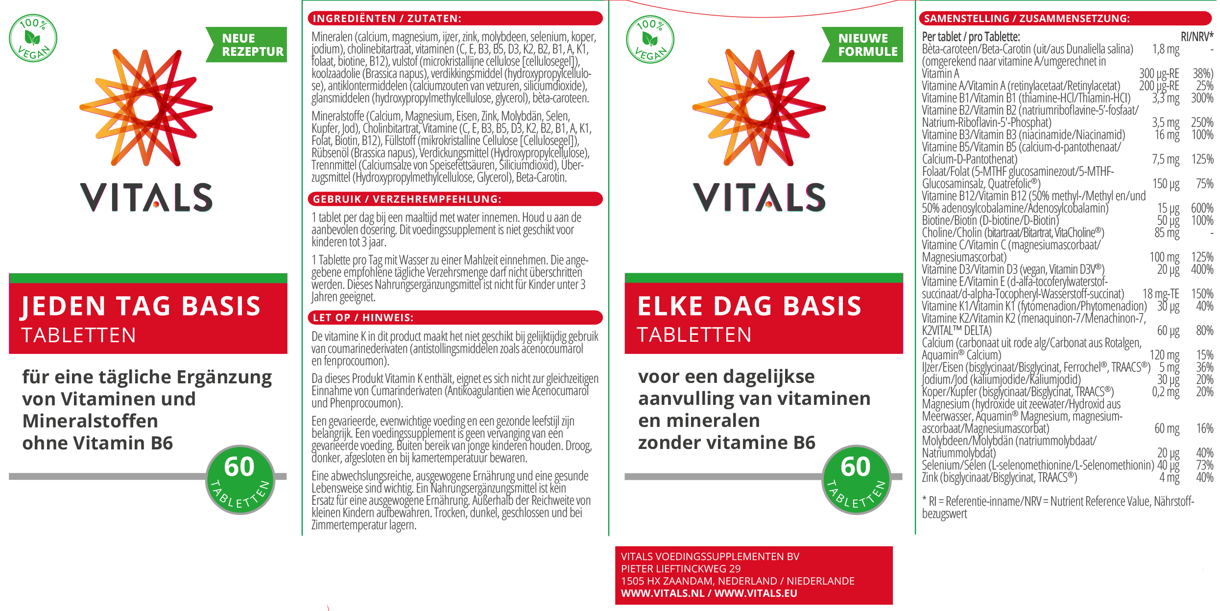 Vitals Elke Dag Basis multivitamin tablets, 60 count, showing the packaging and tablets in a blister pack.
