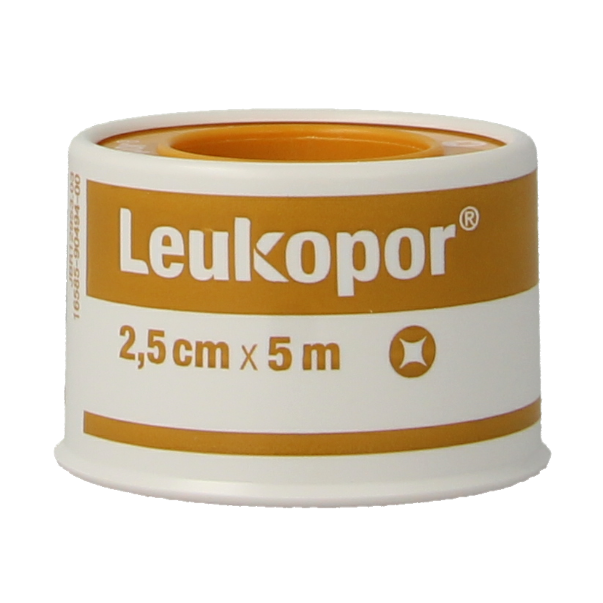 Leukopor Hechtpleister 5m x 2.5cm adhesive bandage for wound care, shown in packaging with one strip ready for use