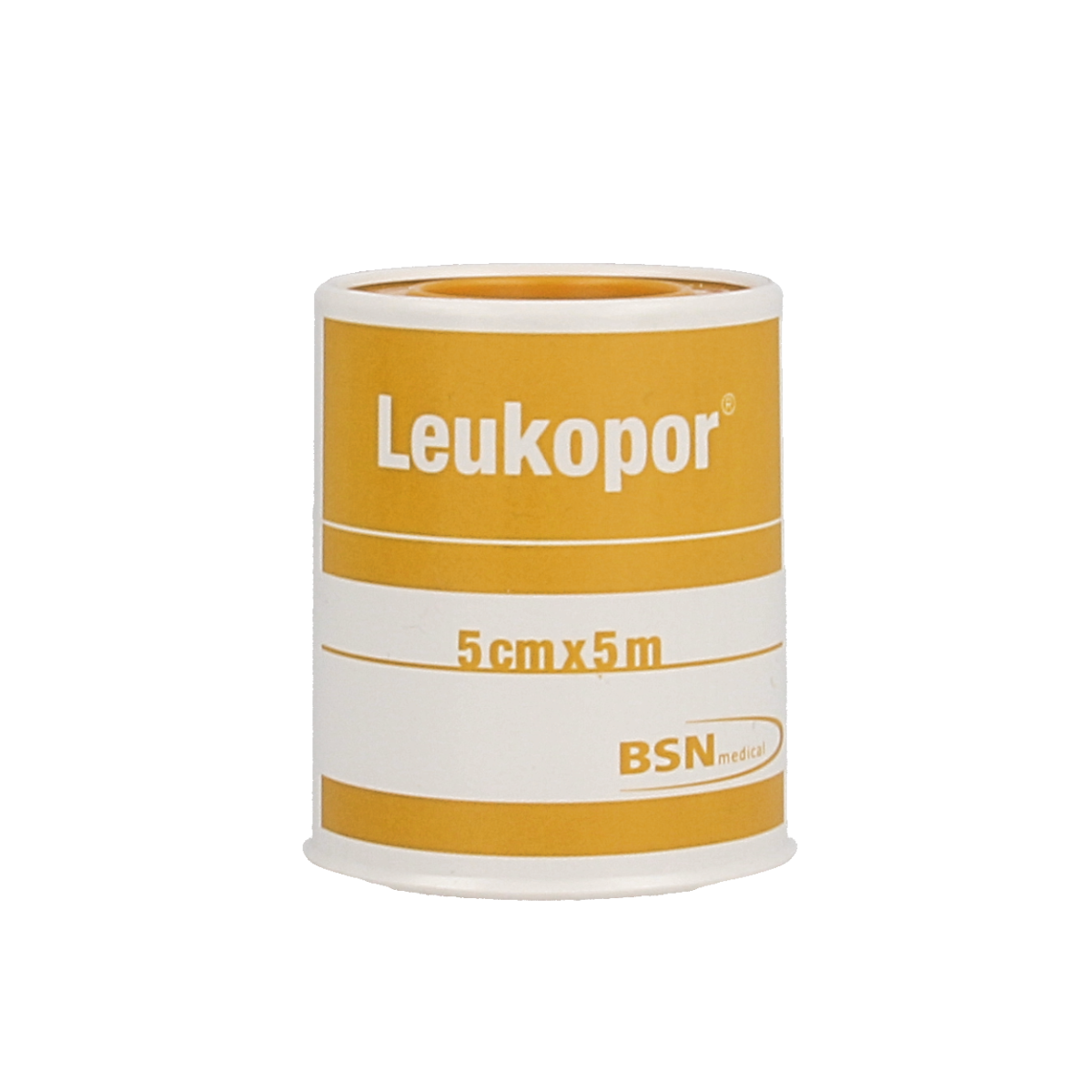 Leukopor Hechtpleister 5m x 5cm adhesive bandage, sterile tape for wound dressing, shown on white background.