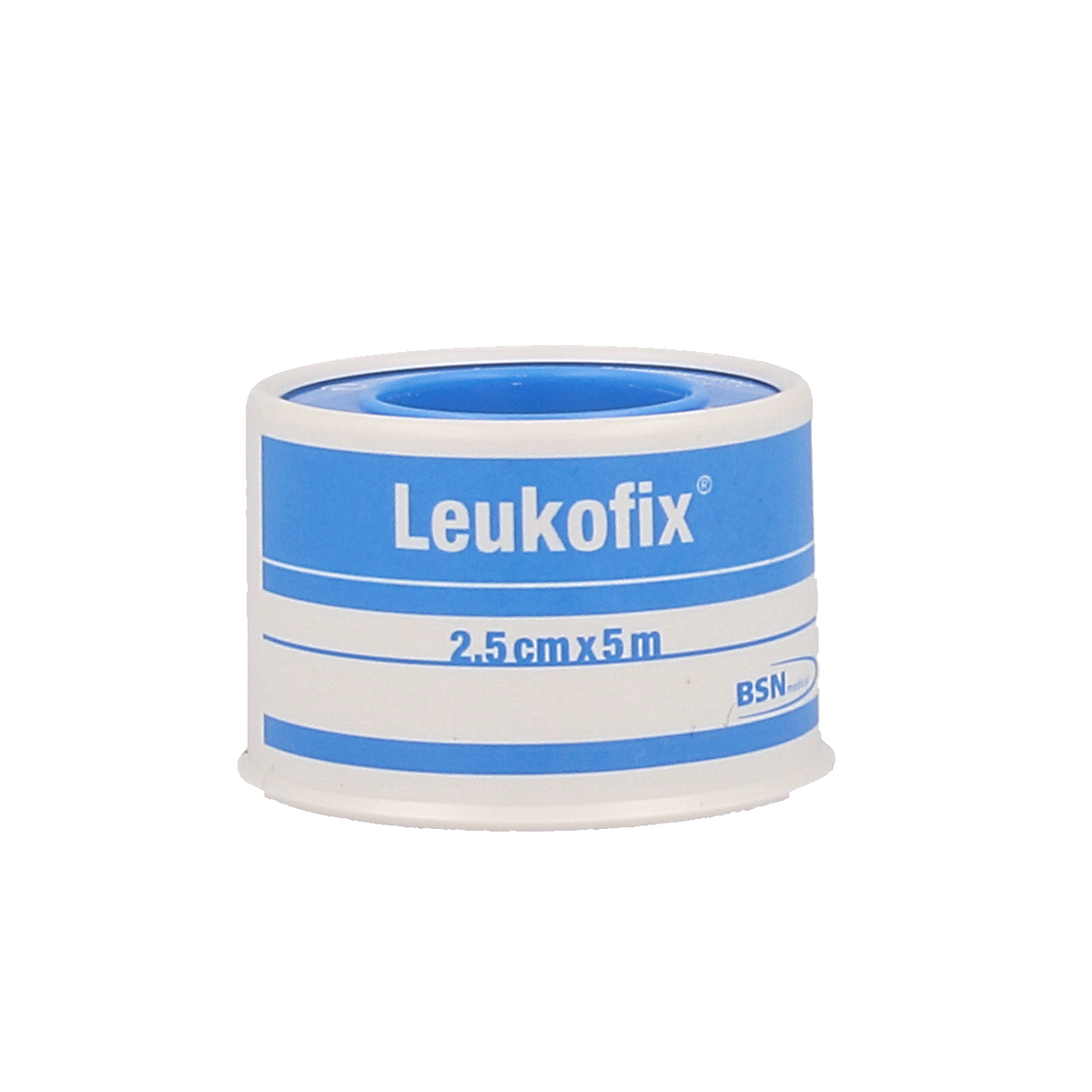 Leukofix Hechtpleister, 5m x 2.5cm, adhesive bandages with tape, shown in packaging for wound dressing and support.