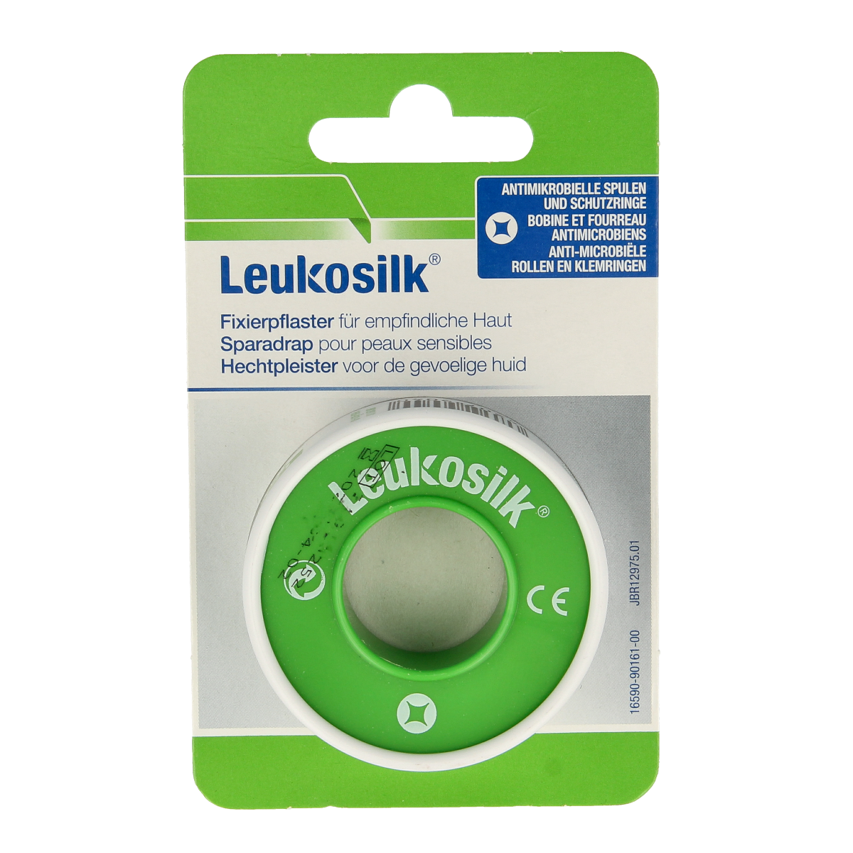 Leukosilk Hechtpleister 1.25cm, a flexible adhesive bandage for wound care, shown hanging in a blister pack.