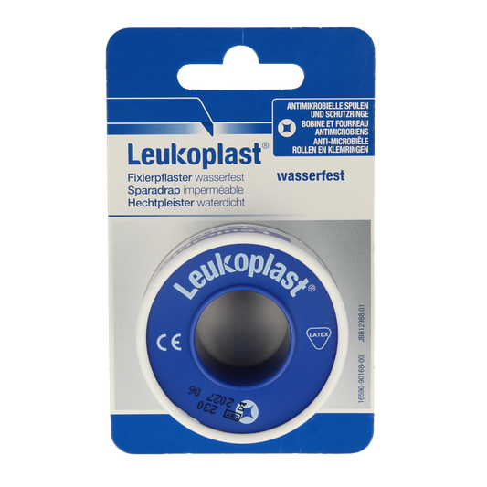 Leukoplast Hechtpleister Eurolock adhesive bandage, 5m x 2.5cm, showing the sterile plaster roll and packaging.