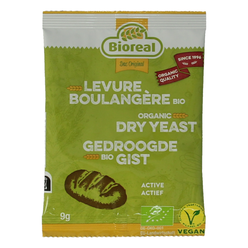 Bioreal Gist gedroogd bio, 9 gram, organic dry yeast for baking, shown in a clear image with packaging.