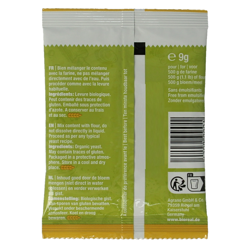 Bioreal Gist gedroogd bio, 9 gram, organic dried yeast for baking, showing the small package with dried yeast inside.