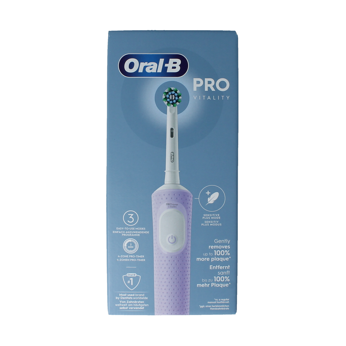 Oral B Vitality Pro purple toothbrush with soft bristles, shown in close-up on white background.