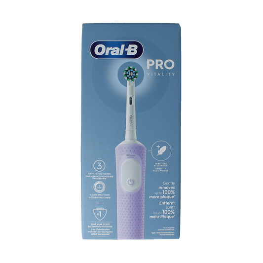 Oral B Vitality Pro purple toothbrush with soft bristles, shown in close-up on white background.
