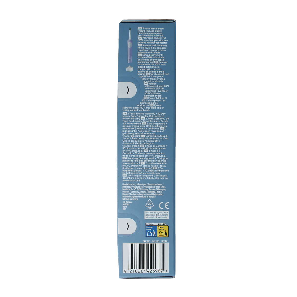 Oral B Vitality Pro purple electric toothbrush with one brush head, designed for effective oral cleaning.